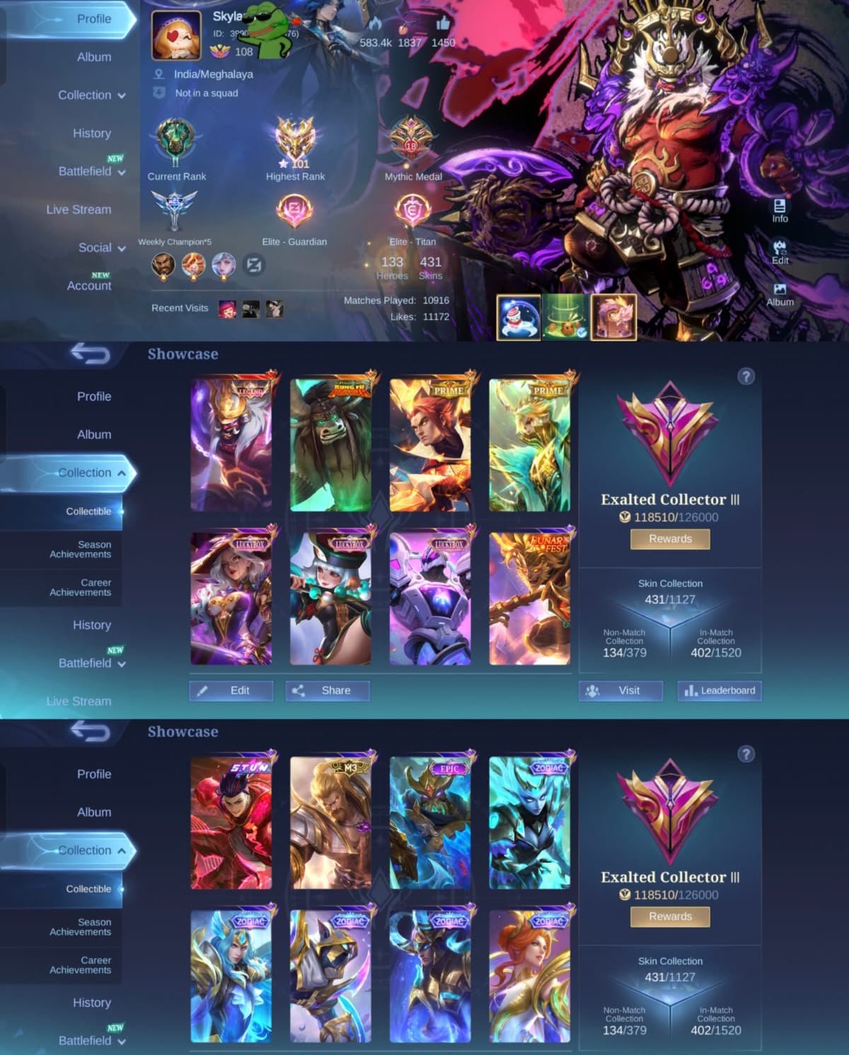 🏆 Guru 3 Account 👑 Franco Legend 🐼 Tamuz Kai 🏆 Roger M3 👑 Granger Prime 🐉 Yu Zhong Prime ,5x Zodiac, Sale, Rank: Mythical Immortal, Level: 108, Winrate: 68%, Heroes: 133, Skins: 431