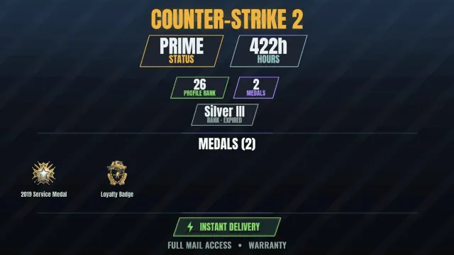 CS2 Prime🏆422h🎮2 medals Medal for Service 2019, Loyalty Badge, Sale, Inventory empty, Has PRIME