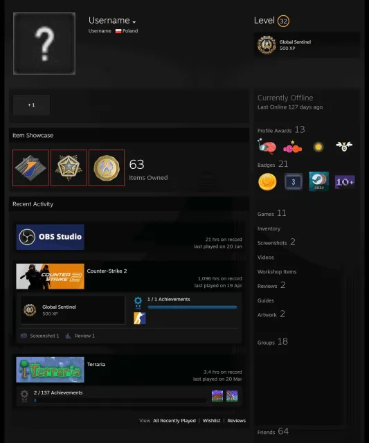 CS2 Prime✨1000h🏆3 medals Medal for Service 2024, Premier Medal, season 1, Global Offensive Badge, Sale, With inventory, Has PRIME