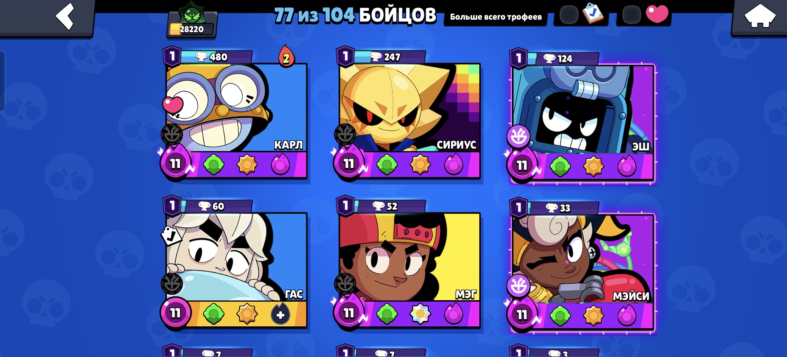 top account, trophies 28500, brawlers 79, primes 10