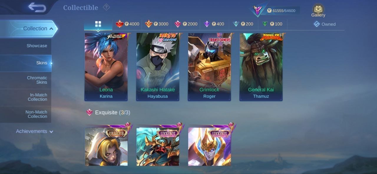 Naruto Kakashi Hayabusa➤Thamuz Kai Panda➤Lucky Alpha➤M3 & Grimlock Roger➤29 Deluxe Skins➤, Sale, Rank: Mythic, Level: 64, Winrate: 52%, Heroes: 101, Skins: 202