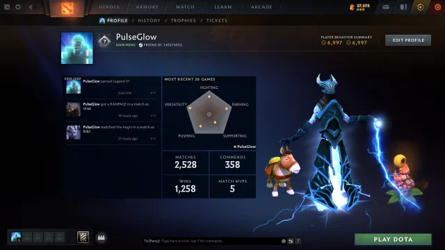 🎮 Легенда 🏆 55 Трофей 🕹️ Матчей: 2545 🎫 Жетонов: 10 🎁 Arcana SF, Продажа, 3820 MMR, 6997 порядочності, 6997 вежливості, 2545 матчів, 2882 годин
