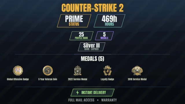 【CS2 Prime💎469h🎯5 medals】 Service Medal 2018, Service Medal 2022, Loyalty Badge, 5 Year, Sale, Inventory empty, Has PRIME