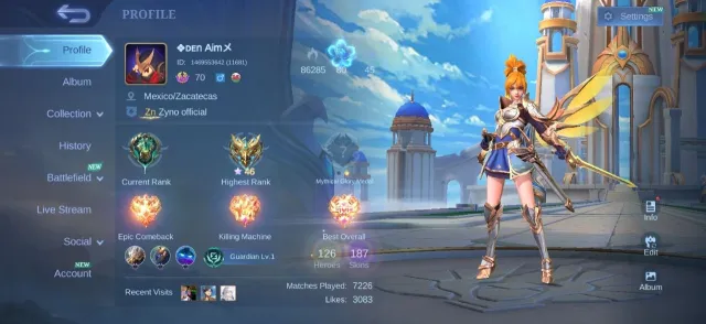 Natalia💥Luckybox Chou💥gara vale💥epic zilong kagura moskov roger lancelot💥emblem max, Продажа, Ранг: Эпик, Уровень: 70, Процент побед: 49%, Герои: 126, Облики: 187