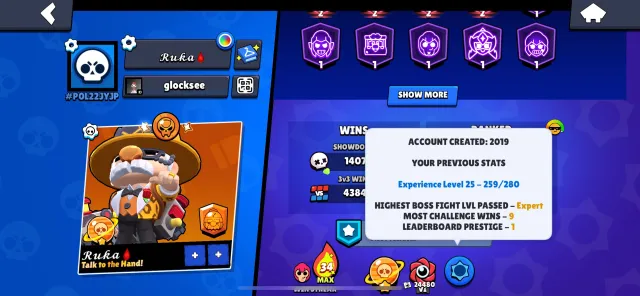 great account, trophies 52071, brawlers 104, primes 28
