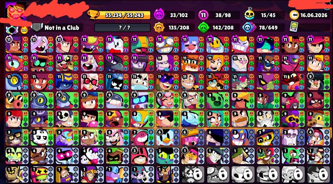 🗯📌55,234🏆🌟98/103👤33 HYPER38 11 POWER🪙197 SKINS ~ 16,503 GEMS💠6 TITLES💮15 BUFFS🌀🔰〔NAME CHANGE 90〕🔰, trophies 55234, brawlers 98, primes 3