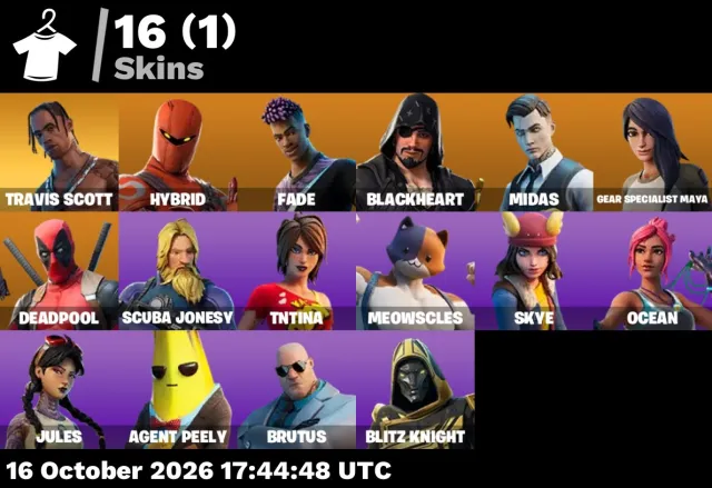 🚀 【FORTNITE】 ✨ Travis Scott, Midas, Hybrid, Fade, Blackheart ✨ 16 skins | 303 niv. | 1050 V-Bucks, Vente, skins 16