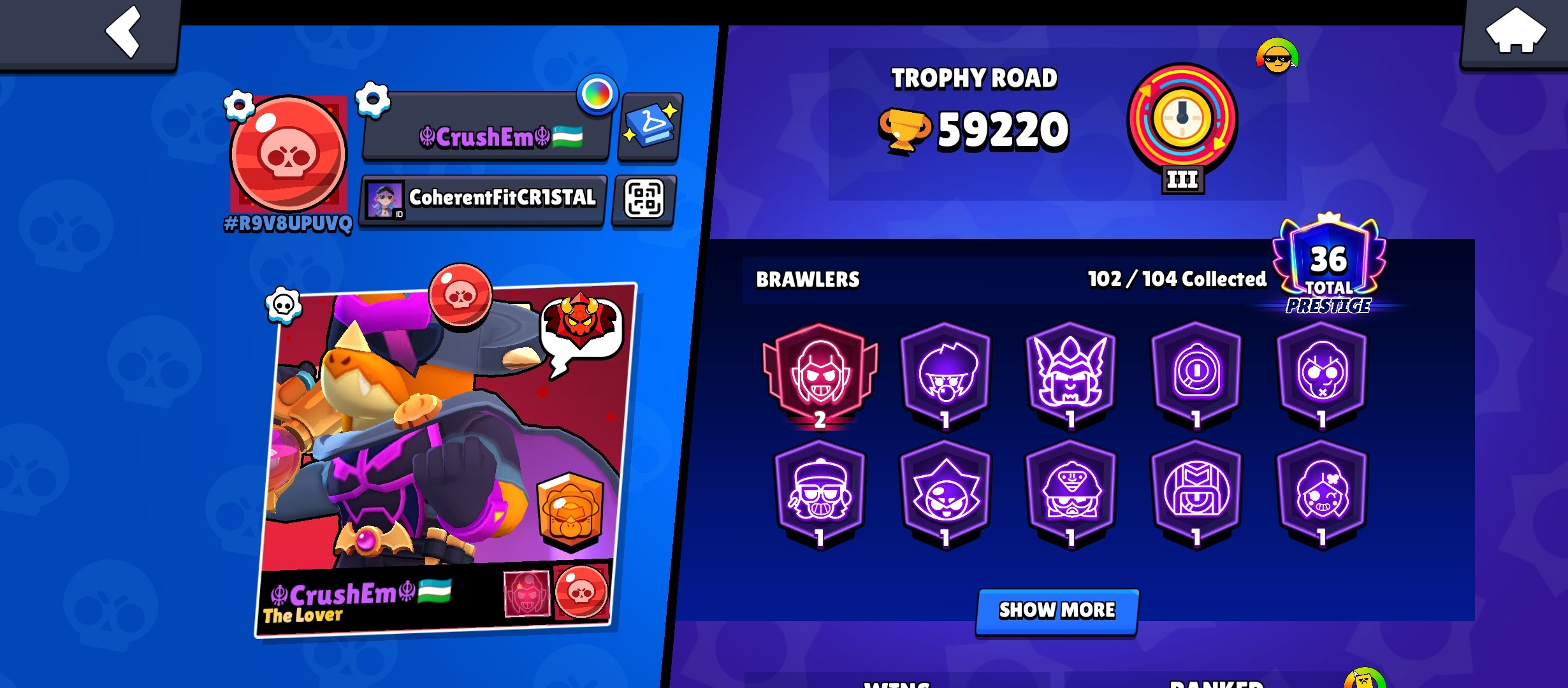 🏆𝟱𝟵𝐊🏆【🎫BP+ WITH MELODY🎫】👤1О2/1О4👤𝟮𝟵𝟱 SKINS~29k💎❰𝟯𝟳 11-x C HYPER❱📹VIDEO REVIEW📹, trophies 59000, brawlers 102, primes 36
