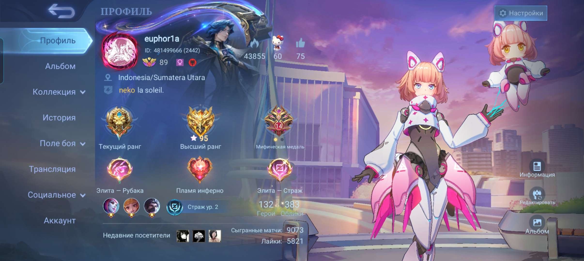 🎏 Hayabusa Exor, Selena Zenith, Angela Aspirants, Nana Mistbenders, Floryn Coll, Dyrroth KOF🎏, Sale, Rank: Legend, Level: 119, Winrate: 51%, Heroes: 132, Skins: 383