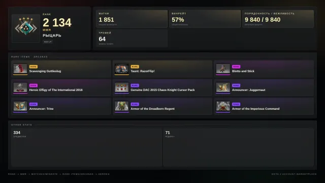 ✨Ritter 4 ≈ 2134 MMR✅9840 ANSTÄNDIGKEIT✅✨Sets✨Skins✨⚔️64 Trophäen⚔️, Verkauf, 2134 MMR, 9840 Anständigkeit, 9840 Höflichkeit, 1851 Spiele, 2860 Stunden