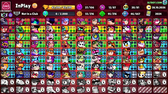 🌸AUTO DELIVERY🌸✔️BS ACCOUNT✔️🎀37 HYPERS🎀95 GADGETS🍁55 PASSIVES🍁20 BUFFS💕, 45599 trophies, 87 brawlers, 16 primes