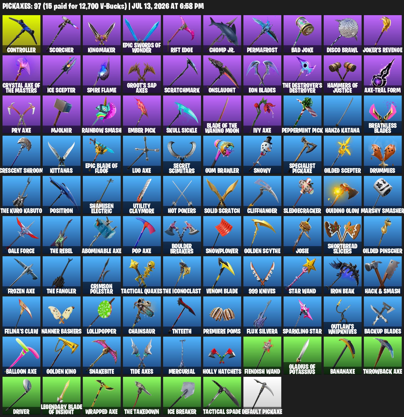Auto Delivery ✅ Midas ✅ Backlash ✅ 87 Skin + 97 Pickaxes ✅ Red Knight✅ Orange justice, Sale, skins 87