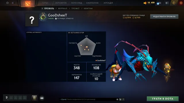 🏆 Готовый аккаунт Dota 2 🏆 🎯 РЕКРУТ | 80 ММР (99% уверенность) 🎯 🛡️ Полный доступ 🛡️, Продажа, 80 MMR, 6799 порядочности, 6799 вежливости, 348 матчей, 280 часов