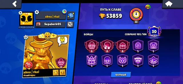 Good account created in 2023, 53859 trophies, 105 brawlers, 30 primes