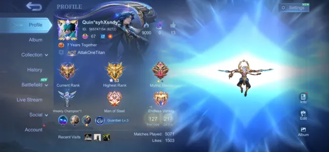 SAFE & CHEAP | EMBLEM MAX, KARINA KOF, LUCKYBOX MARTIS AND HAVE 16 EPIC SKIN, Продажа, Ранг: Мифический, Уровень: 97, Процент побед: 52%, Герои: 127, Облики: 217