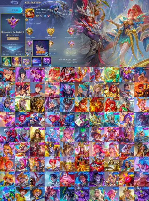 🔥 Itadori Yin, Sasuke Sue, Vessel Clint, Allstar Moscow, Season Mia, Kof Guinevere, Sale, Rank: Mythical Glory, Level: 48, Win Rate: 52%, Heroes: 117, Skins: 206