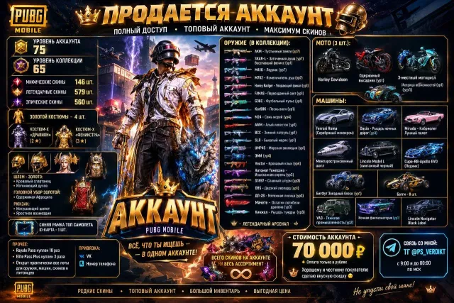 Продаю прокаченный аккаунт, все подробно описал для тебя! Торопись!!!, Продажа, 75 уровень, Ранг: Ас, 100+ мифик скинов, 30+ прокачиваемых оружий, 10+ килл чатов, 1-5 спорт каров