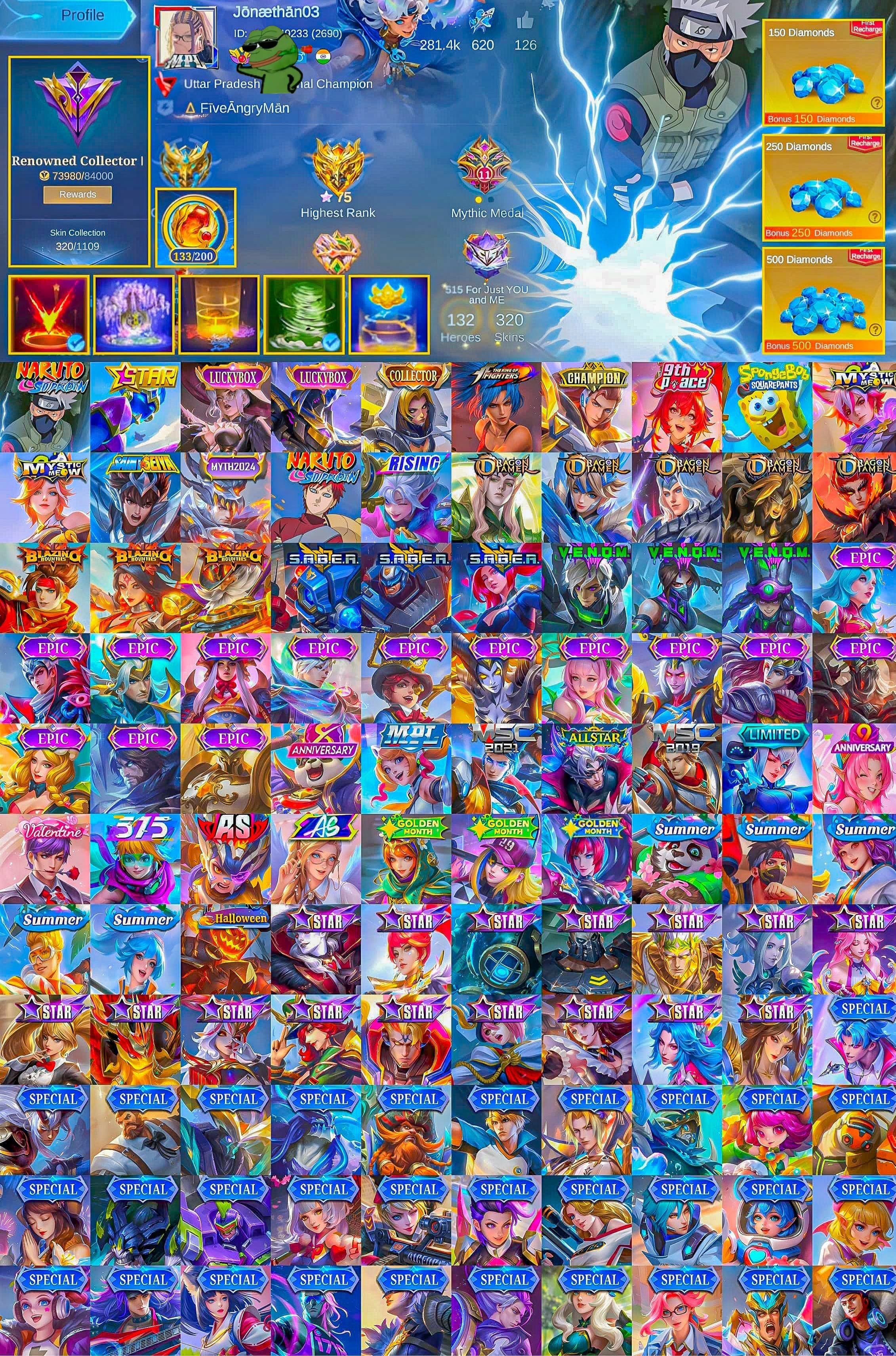133 Magic Cores 🥷 Hayabusa Kakashi 🌹 Lancelot Bren Esports  Fanny P.ace ⚡ Kaja Lucky Box, Sale, Rank: Mythic, Level: 99, Winrate: 60%, Heroes: 132, Skins: 320