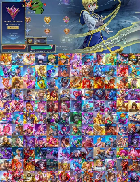 ✨ Johnson Legend ✨ Tigreal Collector ✨ Argus Collector ✨ Harith HXH ✨ Lukas Naruto, Продажа, Ранг: Мифический Бессмертный, Уровень: 67, Процент побед: 70%, Герои: 118, Облики: 337