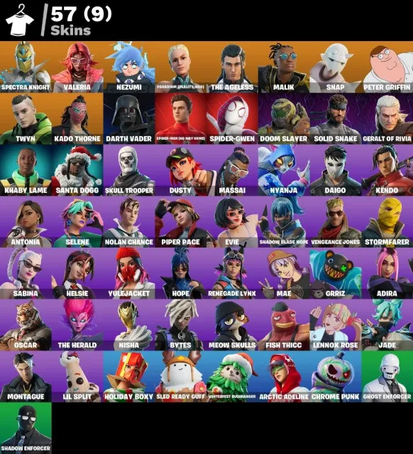 🌸 57 skins 🌸 Spectra Knight 🌸 Valeria 🌸 Nezumi 🌸 Paradigm (Reality-659) 🌸 The Ageless 🌸 Malik 🌸, Sale, skins 57