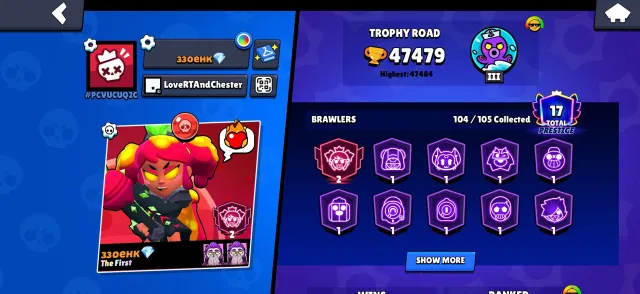 47.4k🏆| 104 Brawlers | 33k💎 Skins 48 BUFFS + CLASH ROYALE (2500 GEMS), 47479 trophies, 104 brawlers, 16 primes