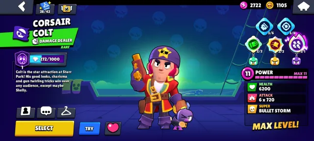 SATURN GLORY 45 BRAWLERS AT 11 POWER PIRATE COLT, 2 PRIME BIBI, 53822 trophies, 106 brawlers, 24 primes