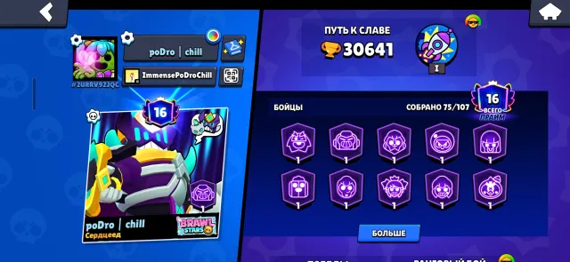 Selling a good account in Brawl Stars, quite old, 30000 trophies, 75 brawlers, 16 primes