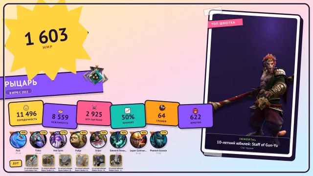 🏆64 level | ❤️2925 matches | 📊11496 purity | 🔓MAINPOOL | 🏅26 role tokens | 📅 STEAM 2015 | 🎮1603 MMR, Sale, 1603 MMR, 11496 purity, 8559 politeness, 2925 matches, 2925 hours