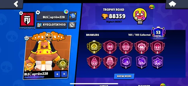 Third prime Bo, Top 48 global, 88000 trophies, 6 primes 2 , 45 power 11, 88000 кубков, 104 бравлеров, 53 праймов