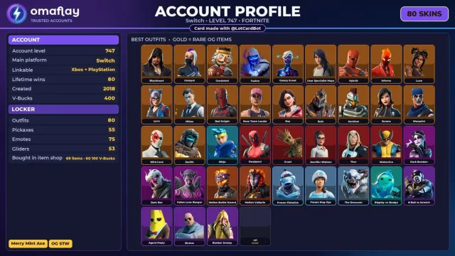 ⚡ FORTNITE ⚡ OG STW, Merry Mint Axe, Ride The Pony, Trilogy • 80 скинов • 747 ур. • 400 V-Bucks, Продажа, скины 80