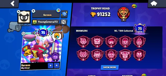 -5k gems. Juicy account with 91k cups, lots of top skins, trophies 91252, brawlers 96, primes 75