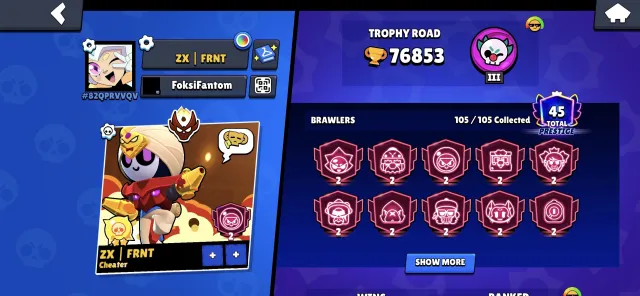 🎮 Fat account 🎮 | CHECK DESCRIPTION‼️, 77000 trophies, 105 brawlers, 45 primes