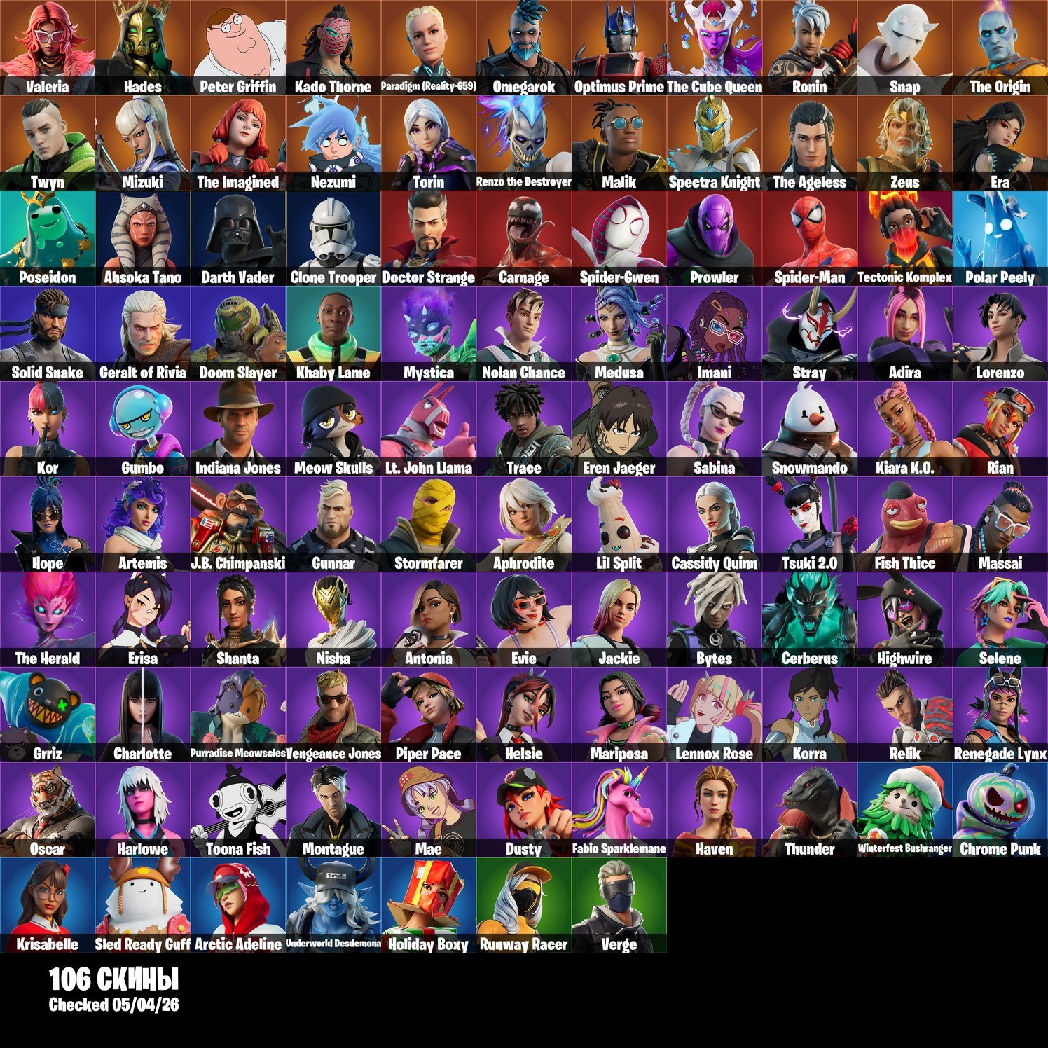🌊👤Account-106 Skins👤💦👾Helsie👾💪Charlotte💪🌀Evie🌀Shanta👤📦Erisa📦📧Change mail📧, Sale, skins 106