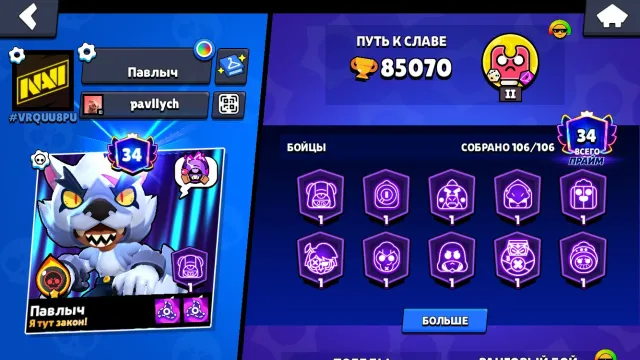 🏆85070🏆🔥💞MANY SKINS💞, 85070 trophies, 106 brawlers, 85070 trophies, 106 brawlers, 34 primes