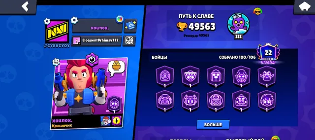 Rare pins, many fighters at 200-0 trophies, 49500 trophies, 100 brawlers, 22 primes