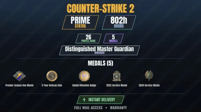 CS2 Prime🎮802h💠5 medals Medal for Service 2020, Medal for Service 2022, Premier Medal, season 1,5, Sale, With inventory, Has PRIME