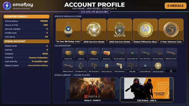 ⚡ 【CS2 PRIME】 💎 +5 RARE MEDALS: 10 YEAR ANNIVERSARY · SERVICE 2025 💎 2020 | FULL ACCESS #4E0AD5, Sale, With inventory, Has PRIME