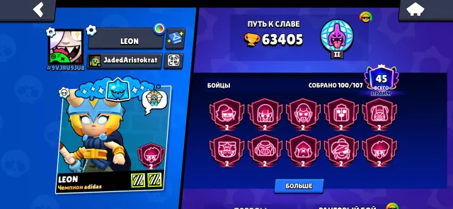 Top account, 63405 trophies, 100 brawlers, 45 primes