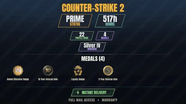 【CS2 Prime👑517ч✨4 медалей】 Монета ветерана 10 років, Значок вірності, Монета ветерана 5 років, Global, Продаж, Інвентар порожній, Є PRIME