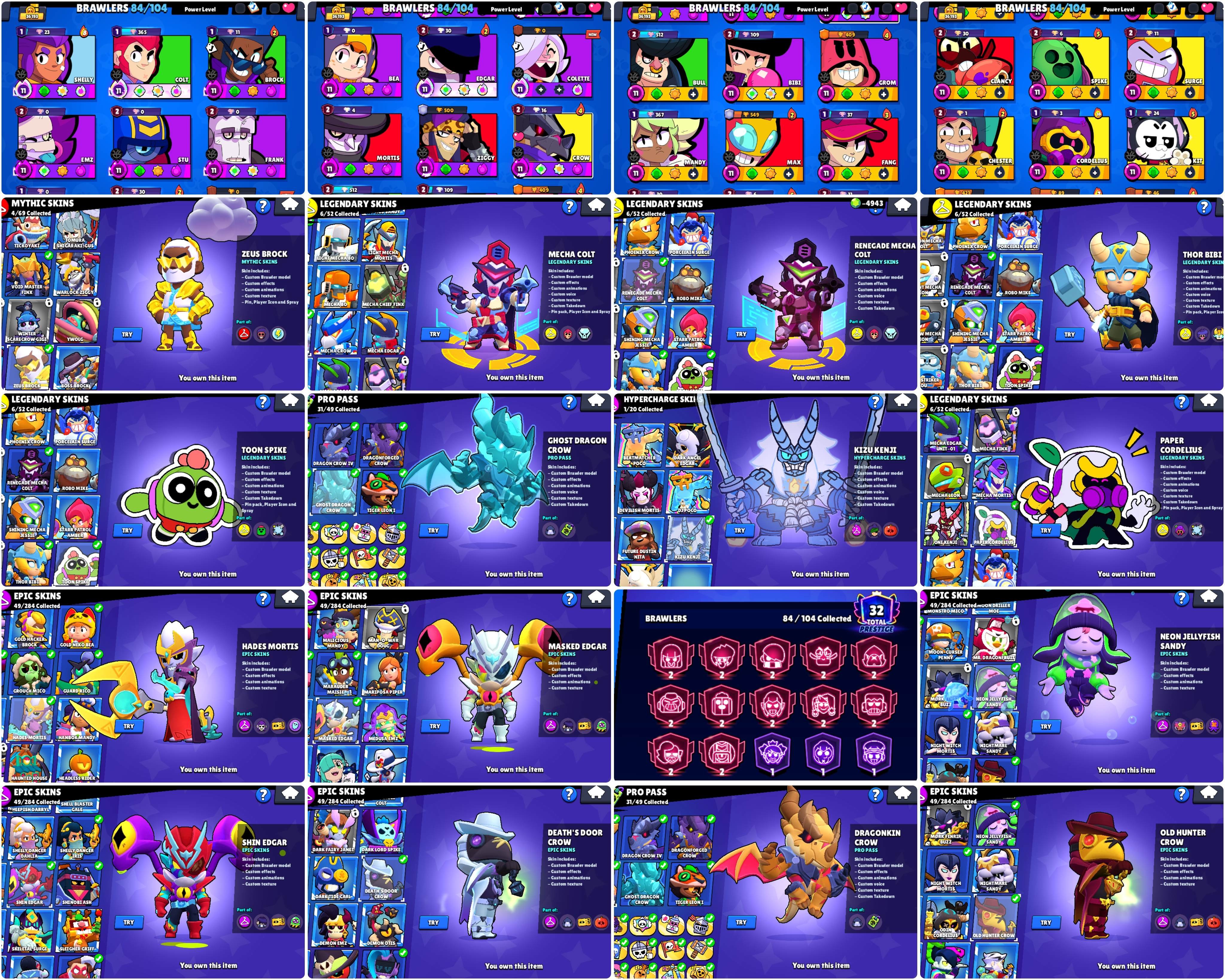 12х2 lvl PRESTIGE | PRO PASS WITH CROW | 3 BP+ | SEE SCREENSHOTS | VERY GOOD ACC, trophies 36100, brawlers 84, primes 32