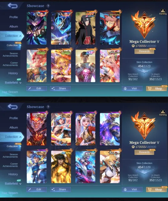 MIYA LEGEND MIYA SEASON GUS LEGEND GUS 11:11 itachi SUN COLL LAYLA COLL, Sale, Rank: Mythic, Level: 90, Winrate: 60%, Heroes: 133, Skins: 454