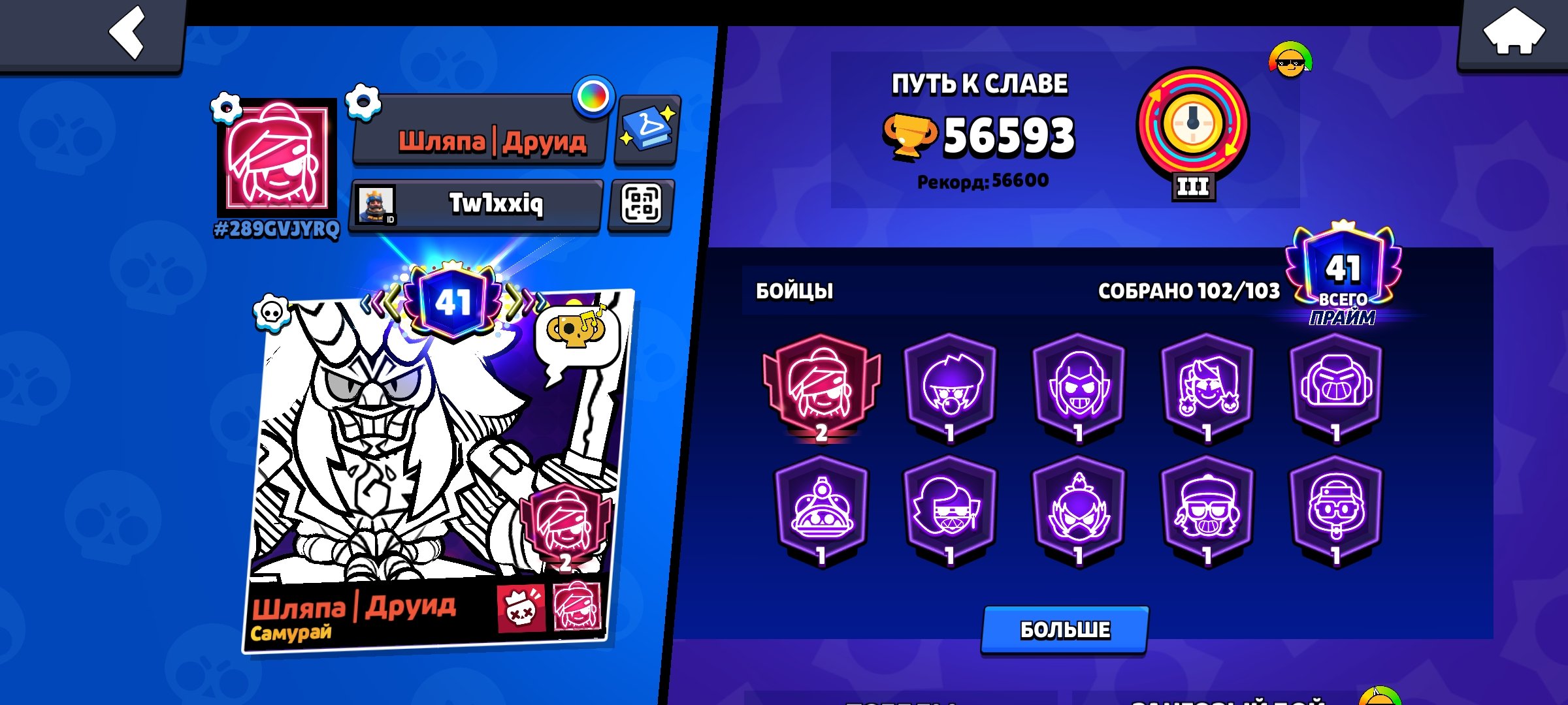 Selling a Brawl account, suitable for basic, trophies 56593, brawlers 102, primes 41