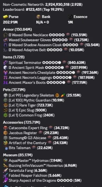 💎HYPIXEL SKYBLOCK PROFILE💎⭐2.92B NETWORTH ⭐🔺SALE 50%🔺💫 IDEAL FOR DUNGEONS 💫 THE CHEAPEST PRICE ❤, Sale, All account data