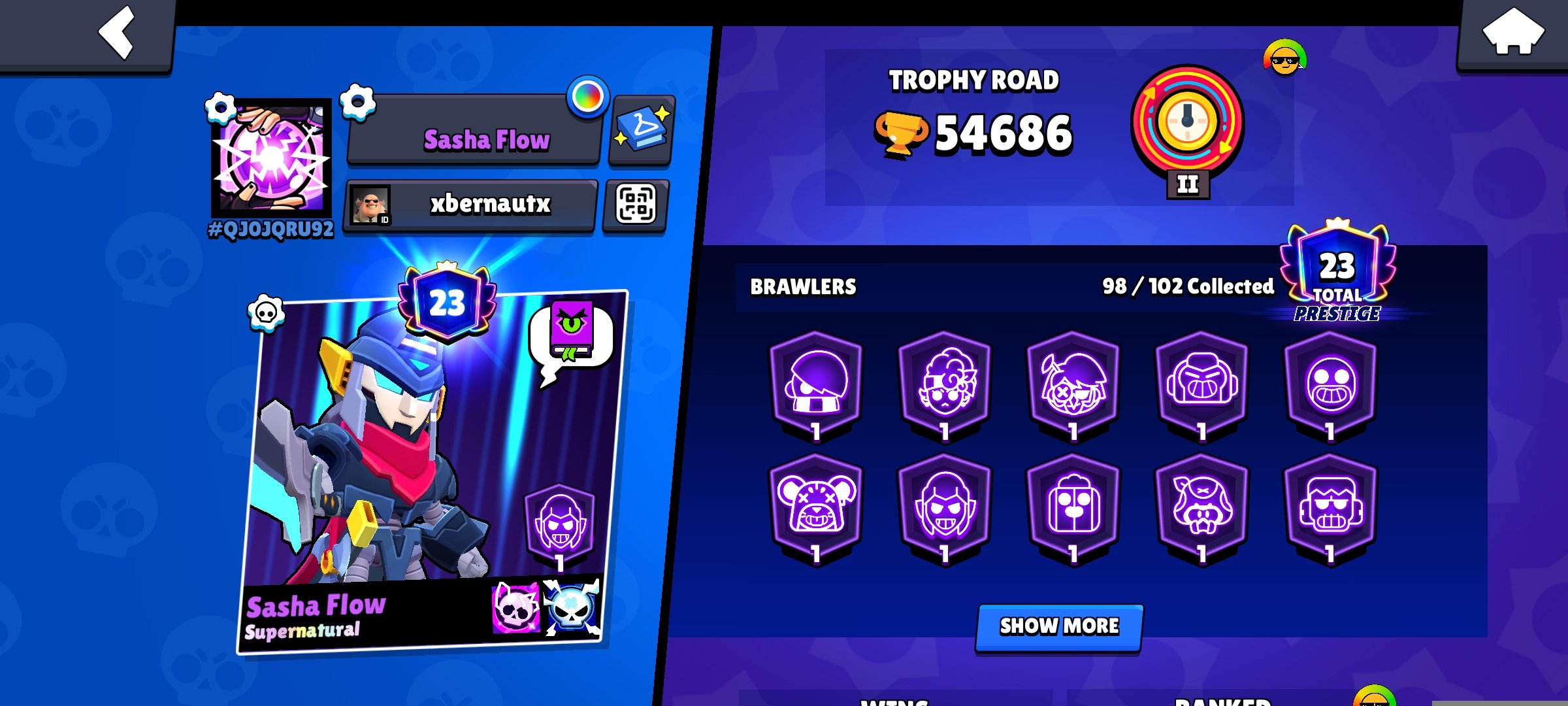 🧊FAT ACC🥶170+SKINS🌬️25-11 LVL🧊18-HYPER❄️ 5-MYTH 6-LEG SKINS🥶 167 GEMS🌬️, trophies 55000, brawlers 98, primes 25
