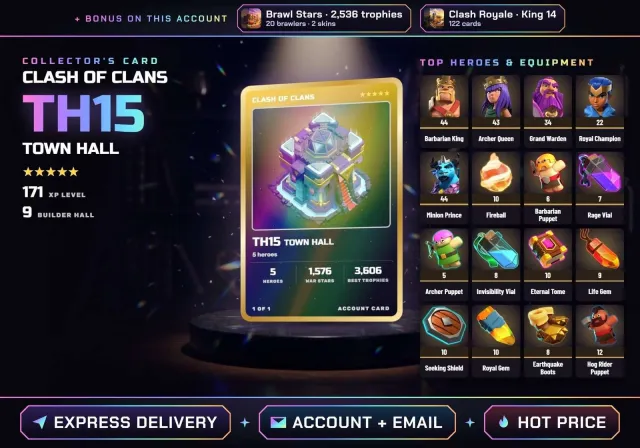 👑 ANDROID • IOS ✧ COC TH15 • 1,576 WAR STARS ✧ BK 44, AQ 43, GW 34, RC 22, MP 44, 15 TH Native Village