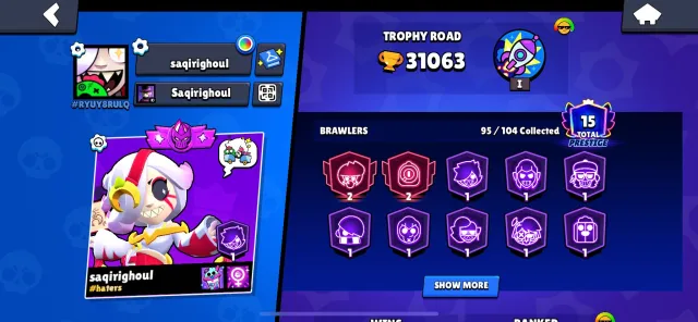 31k Trophies | 2 BP | 35k Gold | Hypercharged & Mecha Skins | 2nd Primes | Full Access, trophies 31063, brawlers 95, primes 15