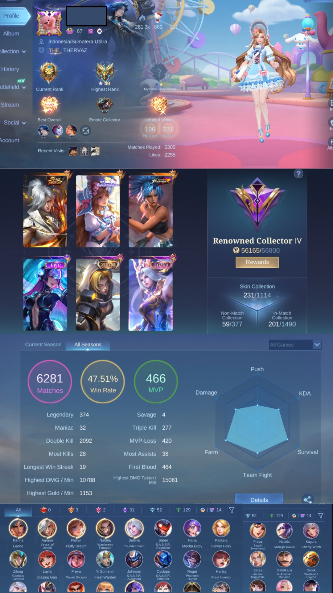amon soul v, selena thunder flash & virus, Sale, Rank: Mythic, Level: 97, Winrate: 47%, Heroes: 106, Skins: 231