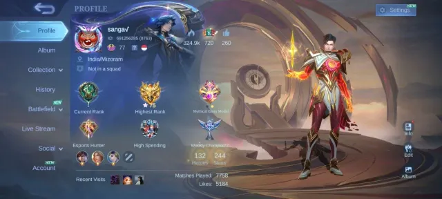 Prime Granger LUCKY Chou 11.11 Gusion Star Angela deluxe 26 EPIC Gusion zodiac Aurora, Продажа, Ранг: Эпик, Уровень: 77, Процент побед: 50%, Герои: 132, Облики: 244