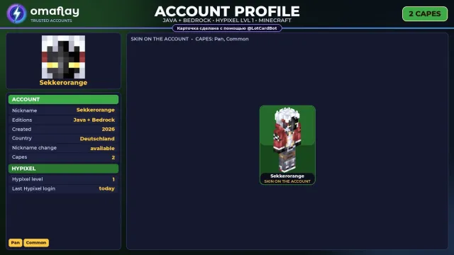 ⚡ MINECRAFT ⚡ JAVA + BEDROCK • 2 CAPES: Pan • FULL ACCESS • NO BAN HYPIXEL (1 LVL) #4FMLT7, Sale, All account data