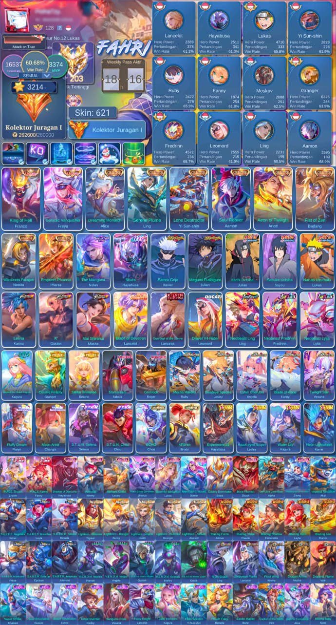 🔥60% WR🔥🔴Kishin Lance – JJK Xavier/Julian🔴💎Naruto Lucas – Su E/Julian💎⭐️Neo Ling – Fred/Layla⭐️, Sale, Rank: Epic, Level: 123, Winrate: 61%, Heroes: 133, Skins: 612